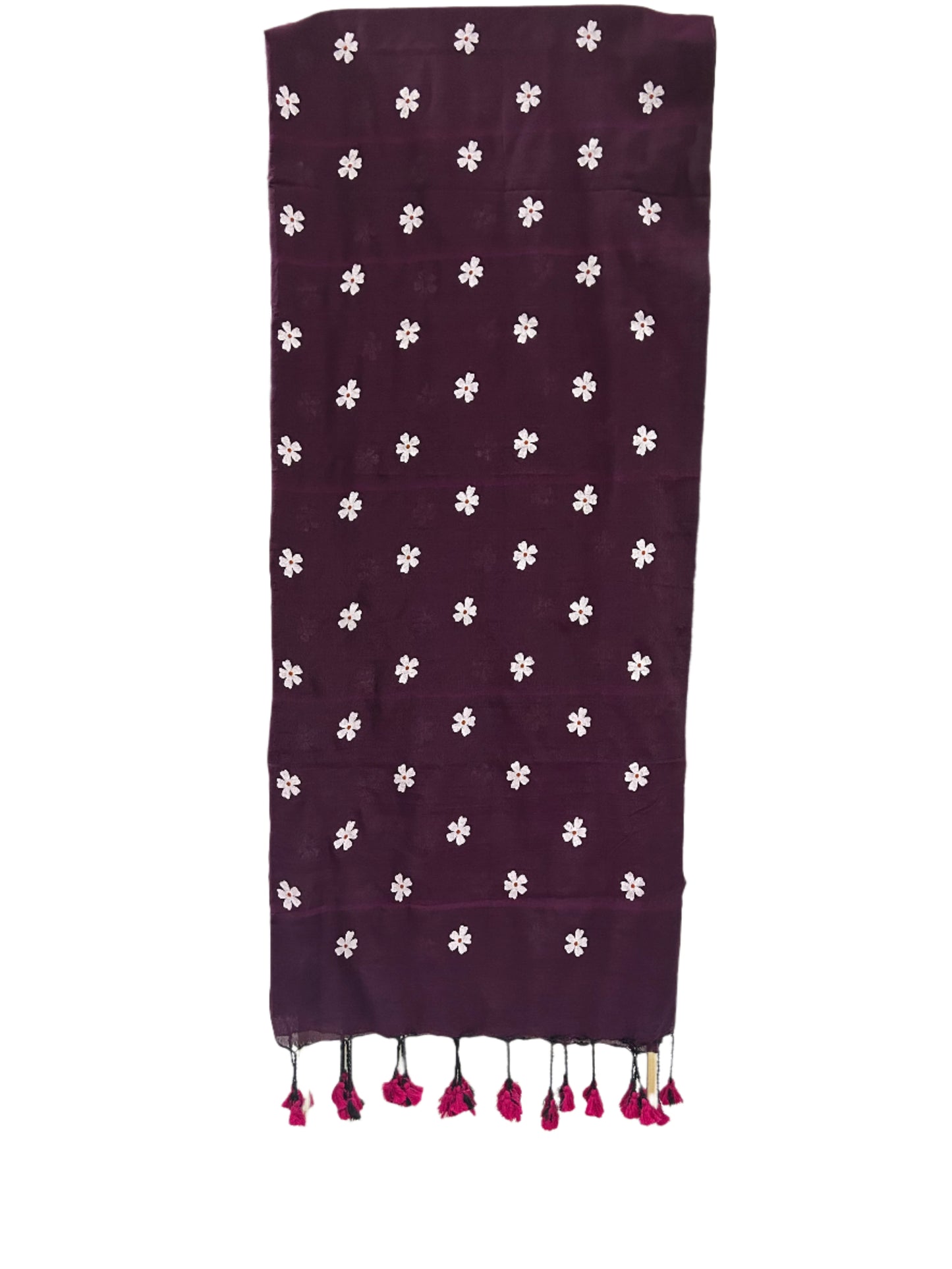 Purple fabric with white floral patterns