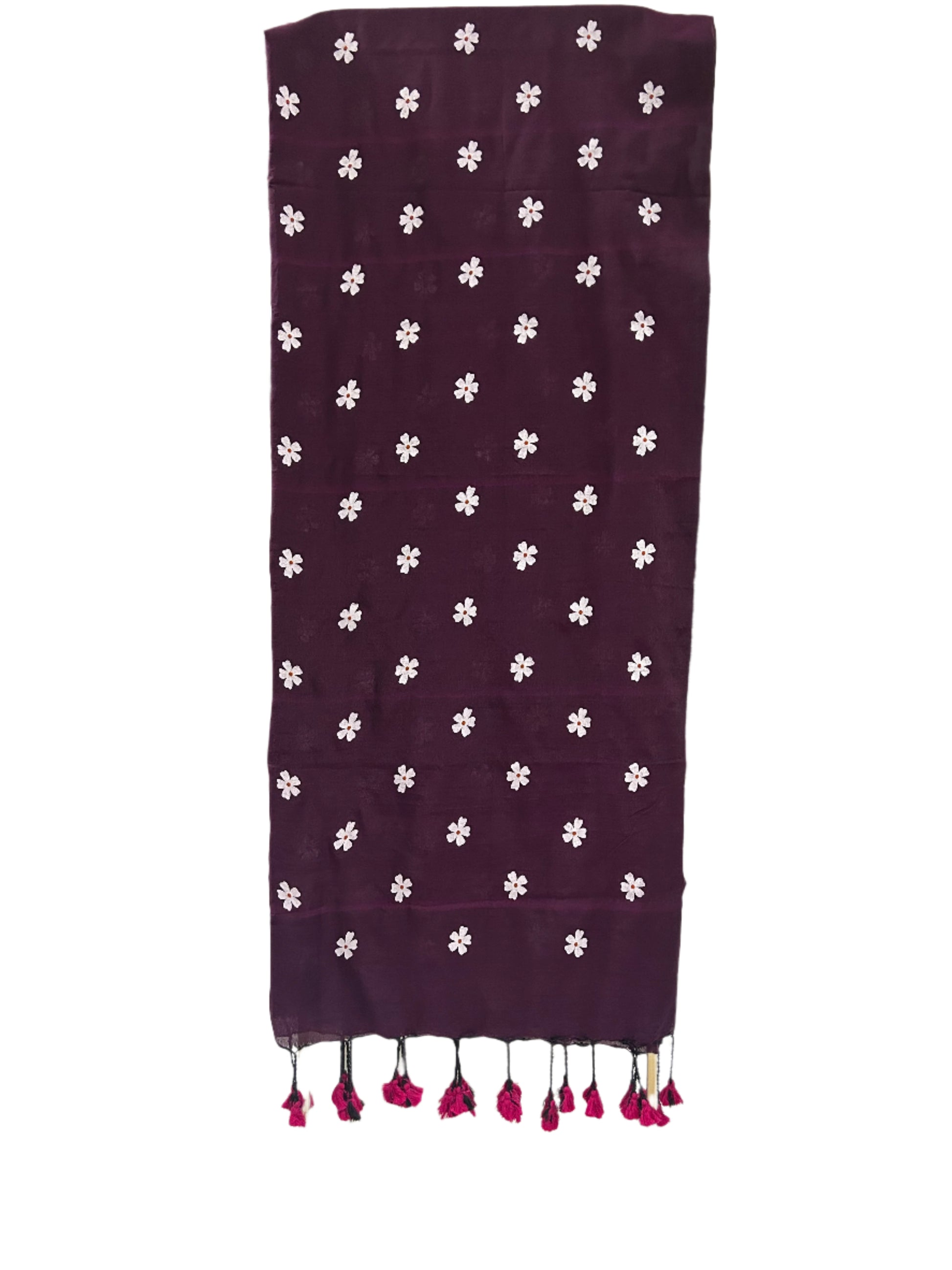 Purple fabric with white floral patterns