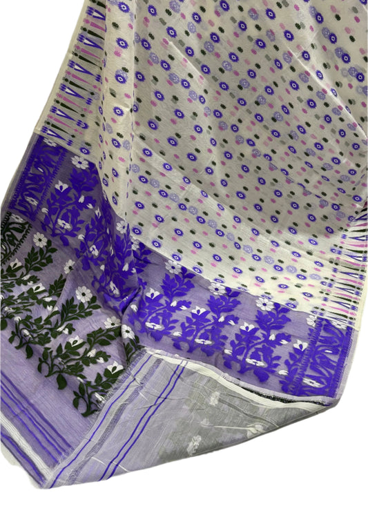 Saree with purple floral patterns on a white background