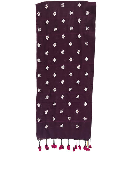 Purple fabric with white floral patterns