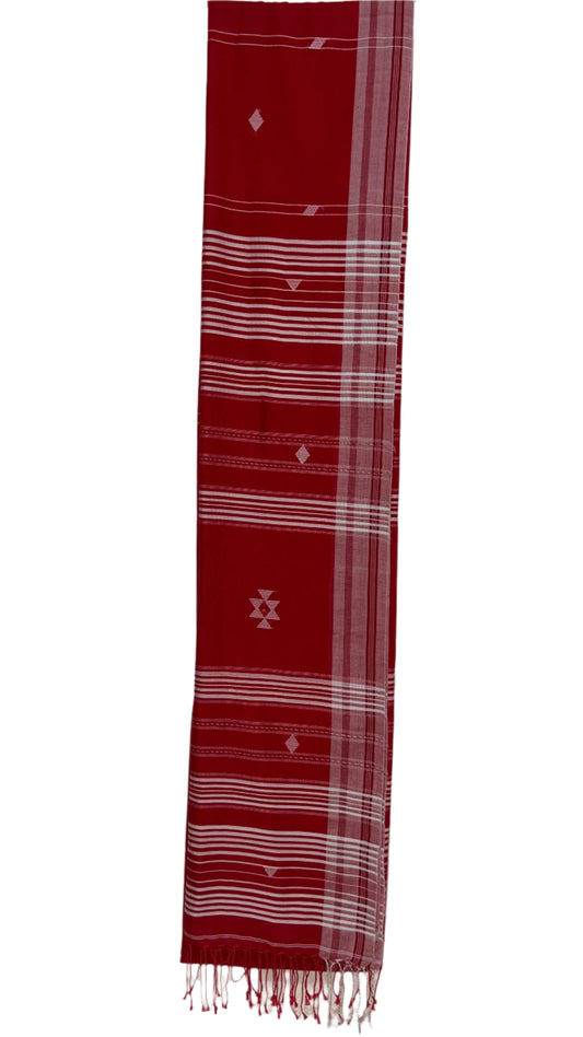Red Saree with white stripes and a star pattern on a white background